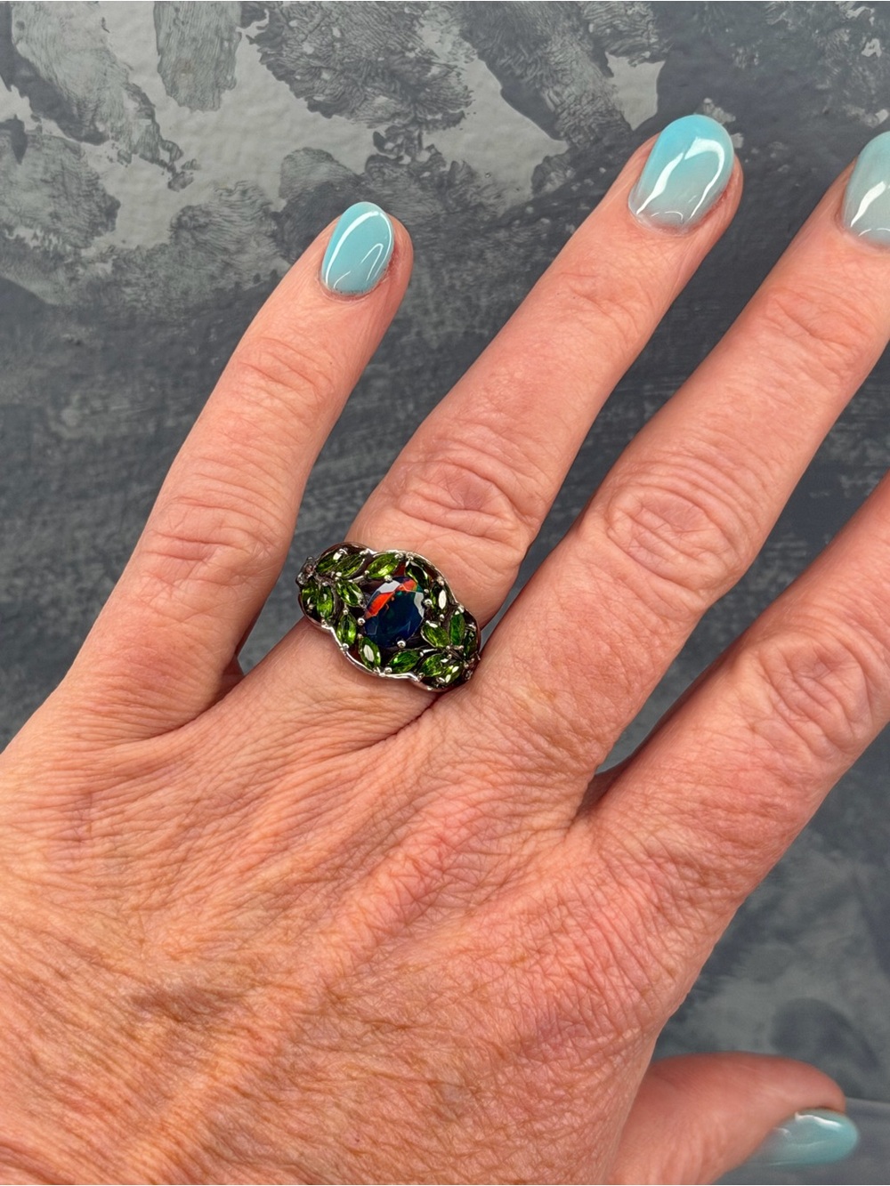 Vibrant Genuine Black Opal & Chrome Diopside 925 Sterling Silver Ring Sz 8